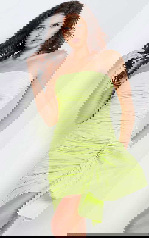 Model wearing Green Strapless Ruched Dress 24648