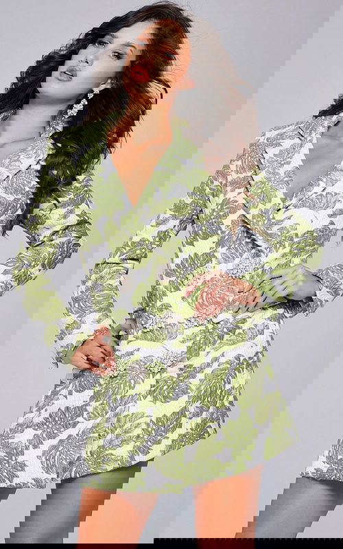 model wearing 24650 printed mini dress with blazer style and ornamental buttons