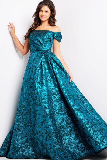 Model wearing Jovani 25665, a blue off-the-shoulder A-line gown with floral jacquard.