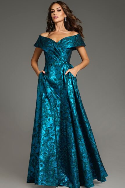 Model wearing Jovani 25666 blue gown with off-the-shoulder neckline