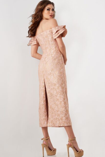 Back view of model wearing Jovani 25667 pink dress, highlighting the intricate back design.