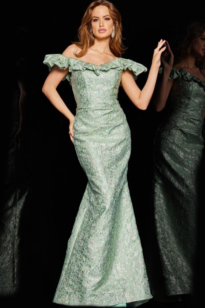 Model wearing Jovani 25674 mint dress front pose