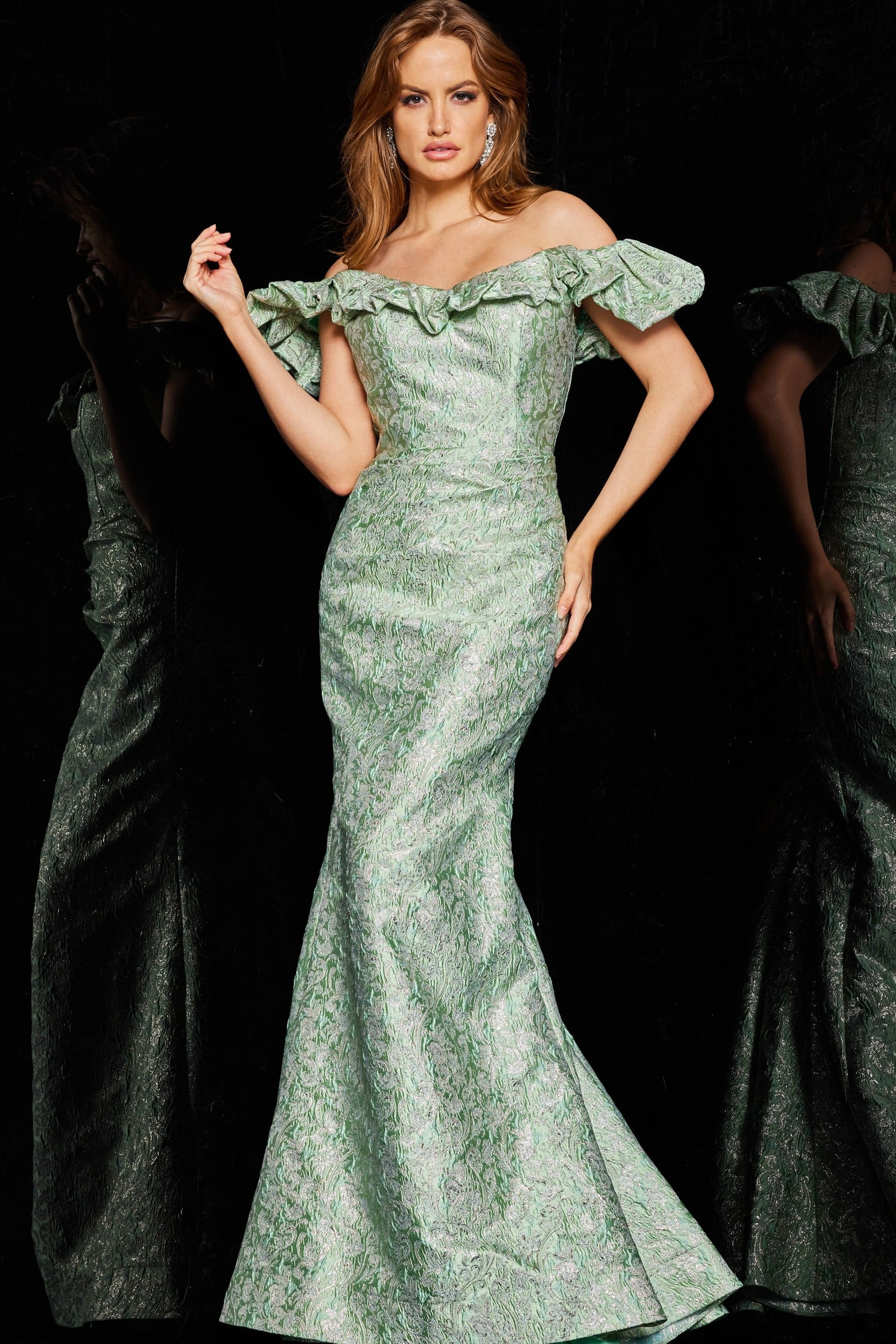 25674-MINT-202.jpg Model wearing Jovani 25674 off-the-shoulder mint dress front view