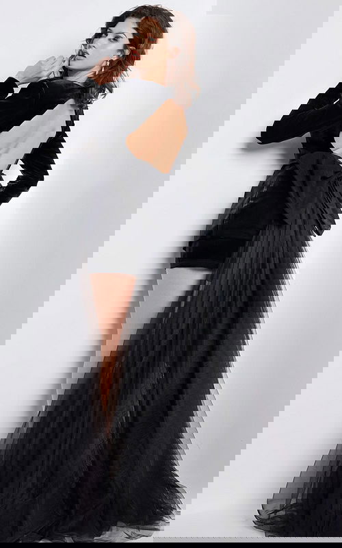 Back view of Jovani 25741 black dress with bow detail and tulle train