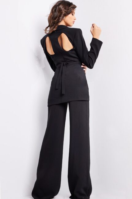 Back view of model in Jovani 25743 ensemble with wide-leg pants and elegant design.