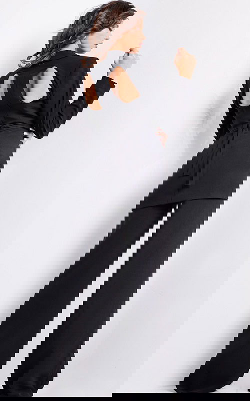 Back view of model in Jovani 25743 ensemble with wide-leg pants and elegant design.