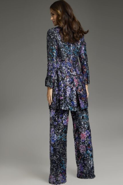 Back view of Jovani 25750 multi-colored sequin jacket and pants
