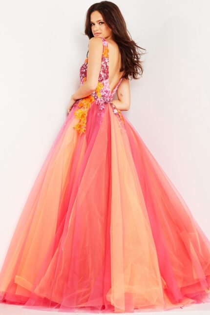 Model displaying the back of Jovani 25800 orange gown with elegant back design.