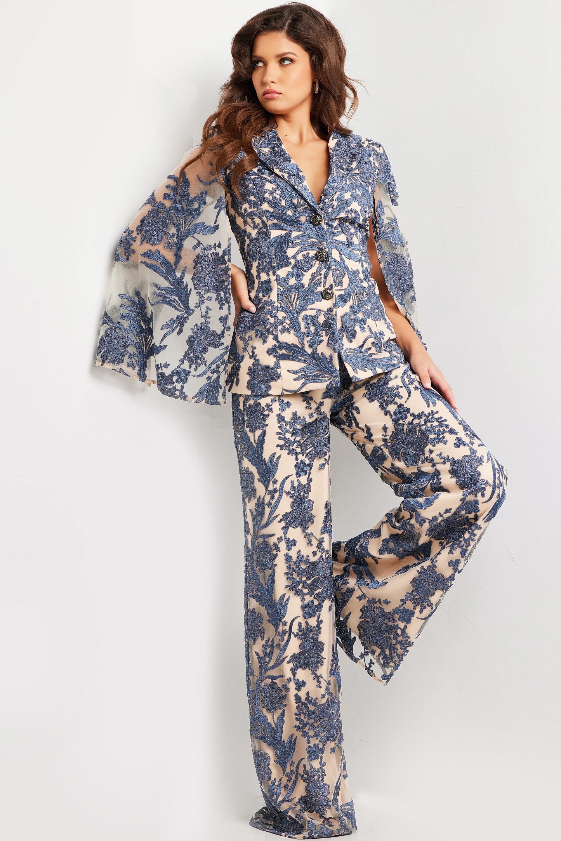 25805_NAVYNUDE_29-2.jpg Model wearing 25805 elegant navy dress with lace embroidery, side view.