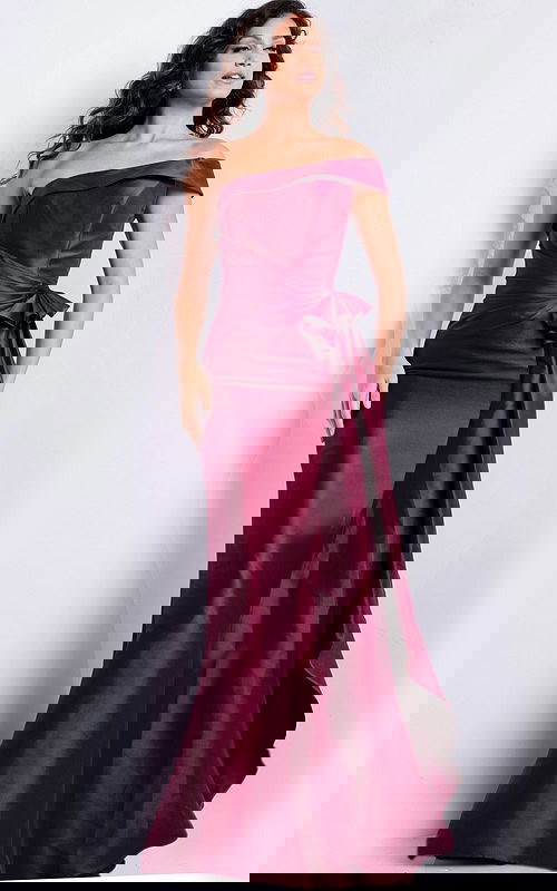 Model wearing Jovani 25831 burgundy off-shoulder dress with floor-length design.