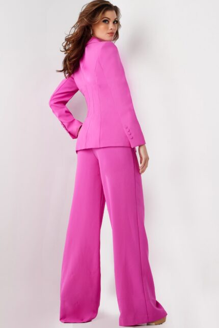 Model wearing Jovani 25834 pink blazer and wide-leg trousers, back view