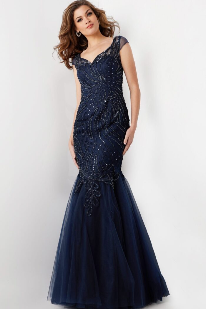 Full view of Jovani 25850 navy dress, showing the elegant mermaid silhouette and beaded design.