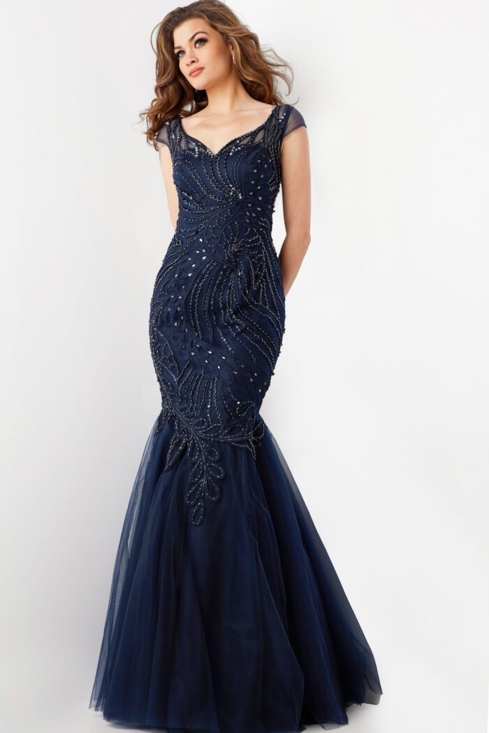Side angle of Jovani 25850 navy mermaid dress with cap sleeves and detailed embroidery.