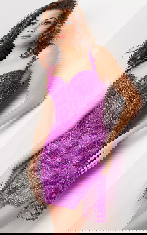 model wearing Jovani 25869 purple dress with lace and bead details, front view