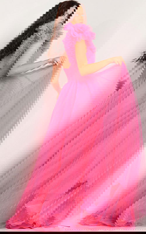 Model wearing Jovani 25919 pink gown, back view