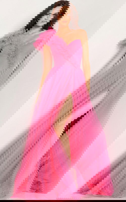 Model wearing Jovani 25919 pink gown, front view