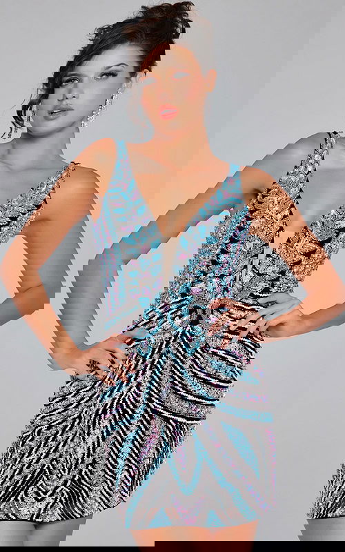 Model wearing Jovani 25925 black dress with sequin detailing and plunging V-neckline, front view.