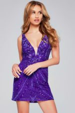 Model wearing Jovani 25925 purple dress with sequin detailing and plunging V-neckline, front view.