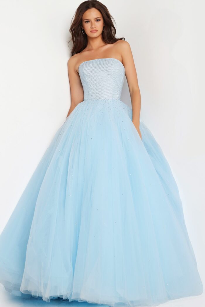 model wearing Jovani 25991 full-length blue ball gown, front view.