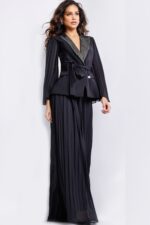 Front view of model in Jovani 26024 black gown with beaded lapel and belt.