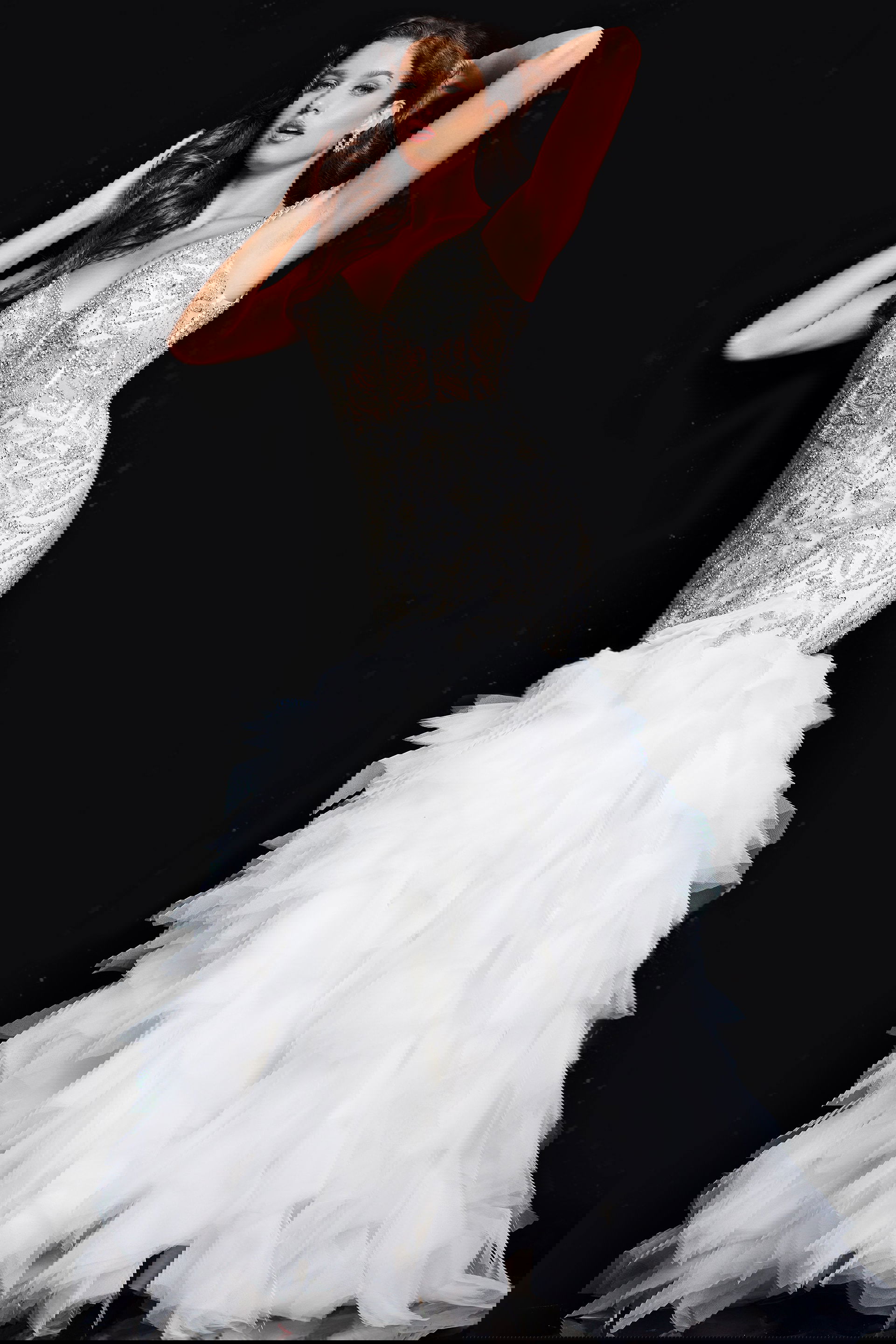 26059_mermaid_23-2.jpg model wearing Jovani 26059 white mermaid gown with intricate beadwork