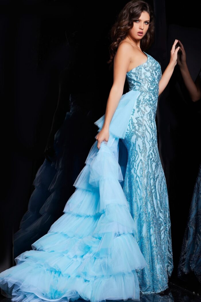 Elegant Jovani 26119 blue dress, with intricate embellishments and dazzling train, front view.
