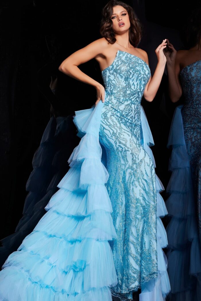 Back view of Jovani 26119 blue dress, highlighting the stunning layered train.