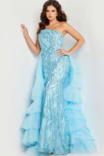 Jovani 26119 dress in blue, showing strapless design and cascading tulle layers.