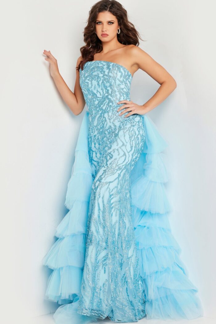 Jovani 26119 dress in blue, showing strapless design and cascading tulle layers.