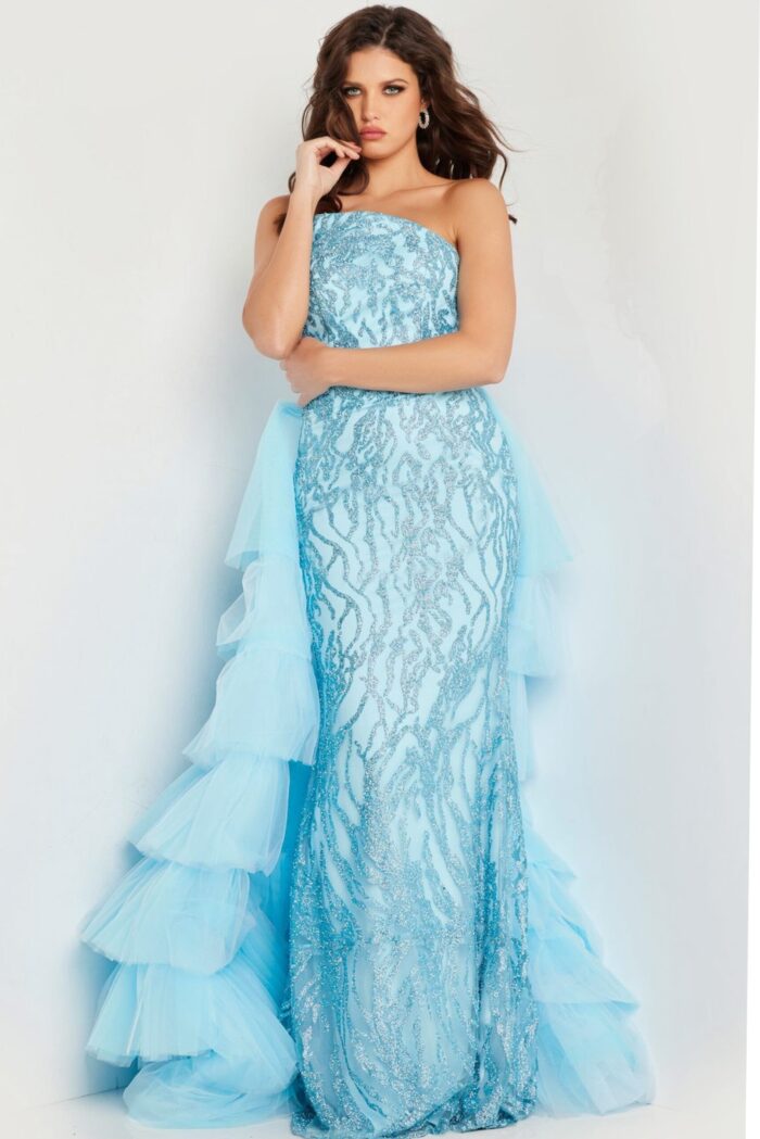 Front view of Jovani 26119 blue dress with strapless detailed bodice and elegant train.
