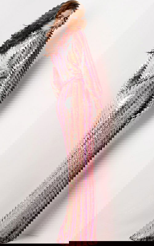 Back view of model in Jovani 26136 multi-colored sequin dress highlighting elegant silhouette.