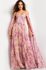 Model wearing Jovani 26141, demonstrating the off-the-shoulder detail and A-line silhouette from the front view.
