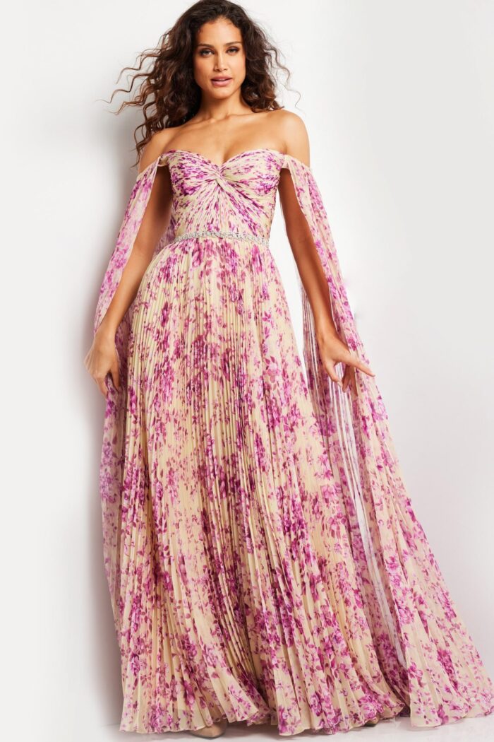 Model wearing Jovani 26141, demonstrating the off-the-shoulder detail and A-line silhouette from the front view.