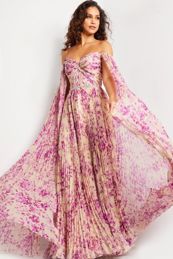 Model wearing Jovani 26141 in a printed pattern with flowing sleeves from the front view.