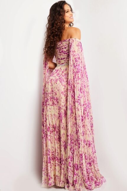 Model wearing Jovani 26141 in printed fabric showcasing the back detailing.