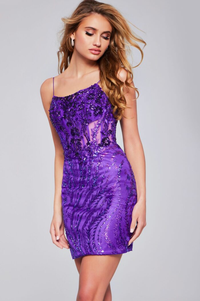 Model wearing Jovani 26183 purple mini dress with sequins, front view