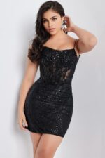 Model wearing Jovani 26183 black mini dress with sequins and thin straps, front view