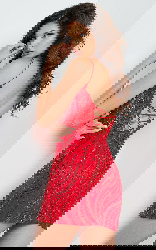 Back view of model wearing Jovani 26183 red dress with lace-up detailing.