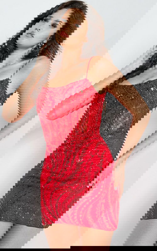 Model wearing Jovani 26183 red sequined mini dress, front view.