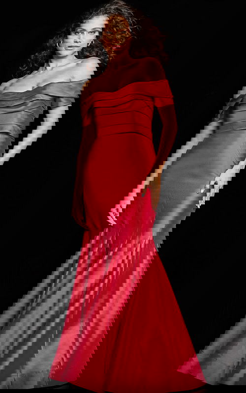 Model wearing Jovani 26187 red off-the-shoulder gown front view