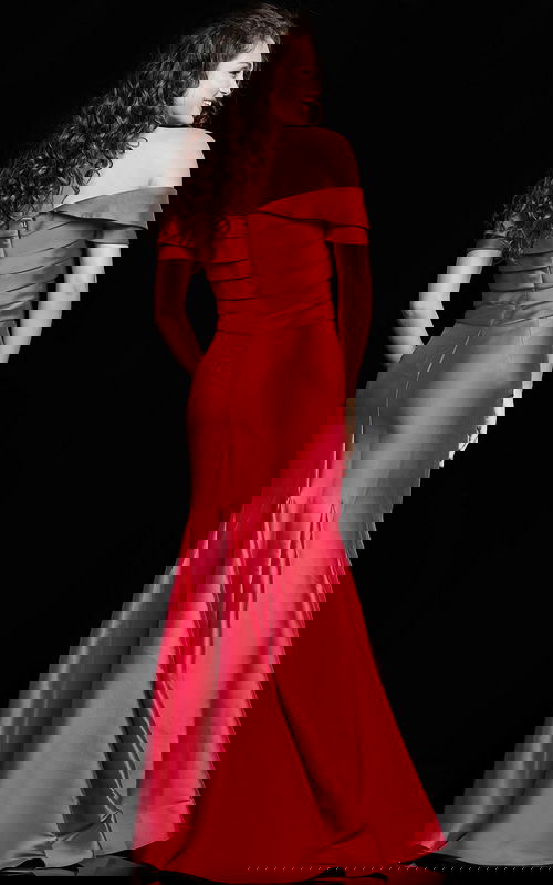 Model wearing Jovani 26187 red off-the-shoulder gown back view