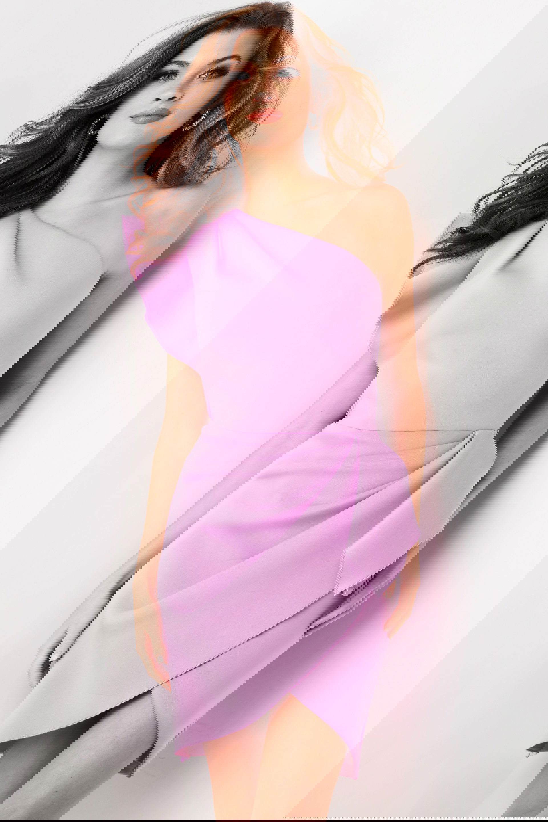 26196-LILAC-23.jpg Model wearing Jovani 26196 lilac dress, front view with ruffle detail