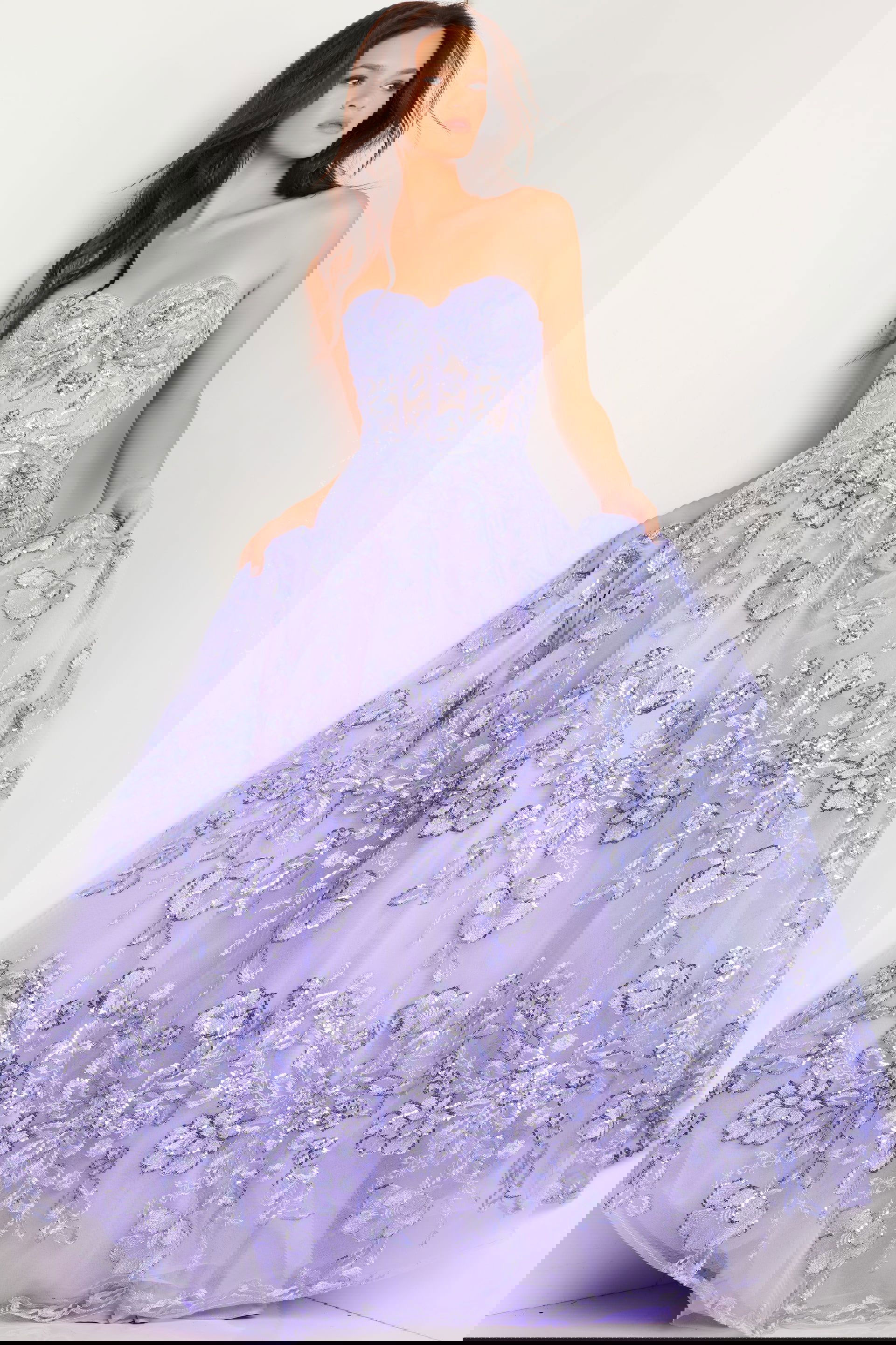 26223_1.jpg Model wearing Jovani 26223 lilac ball gown with sweetheart neckline.