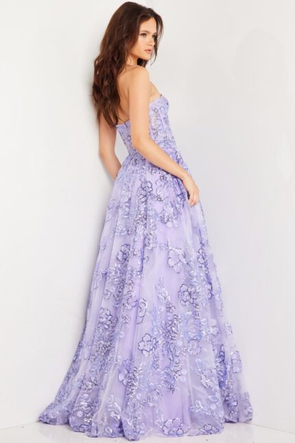 Back view of Jovani 26223 lilac gown highlighting floral applique and elegant silhouette.
