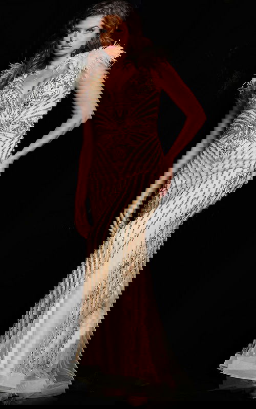 Model wearing Jovani 26224 gold gown with intricate beadwork, alternative front view.