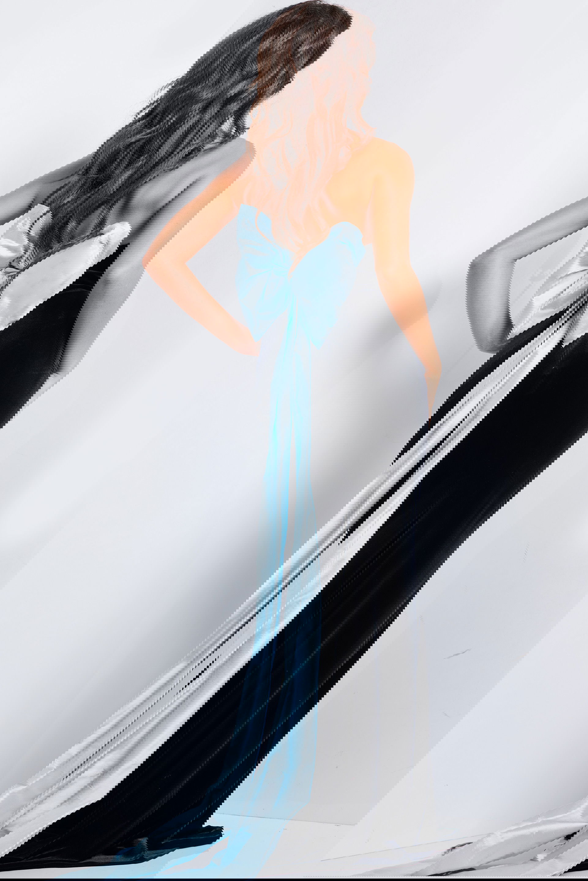 26227-blue-velvet-back.jpg Model wearing Black Light Blue Strapless Fitted Gown 26227