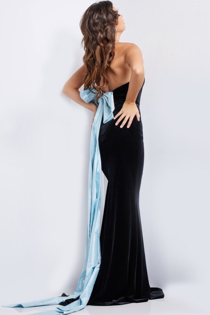 Model wearing Black Light Blue Strapless Fitted Gown 26227