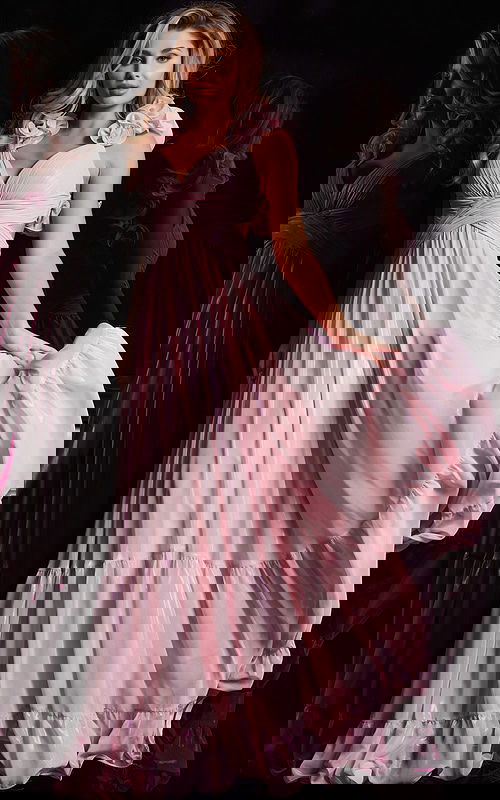 Model wearing Jovani 26248 pink dress with floral shoulder details, front view.