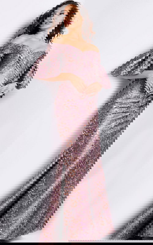 Model wearing Jovani 26258 gold dress with off-the-shoulder neckline, front view.