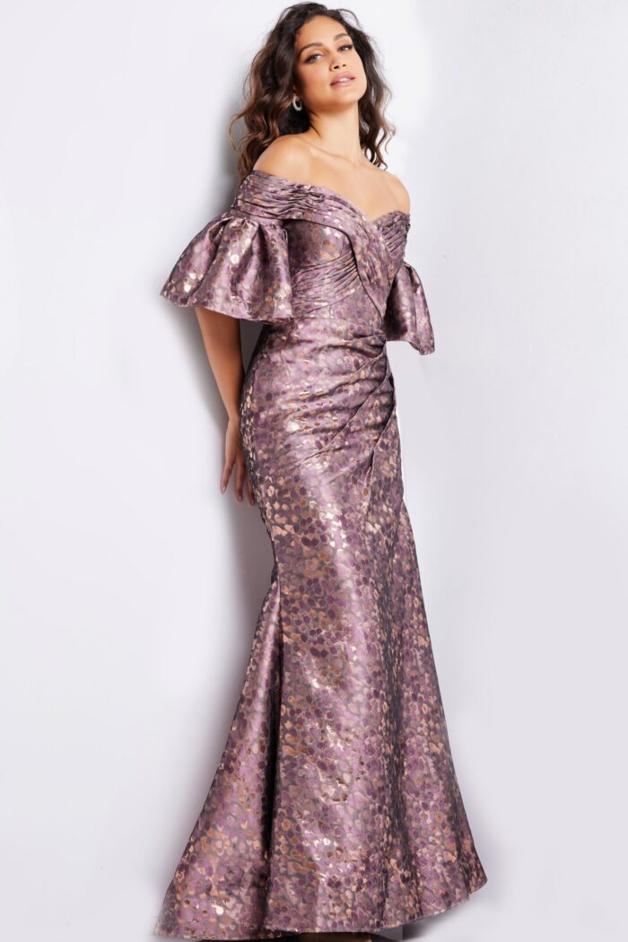 Front view of Jovani 26258 gold dress highlighting off-the-shoulder design.